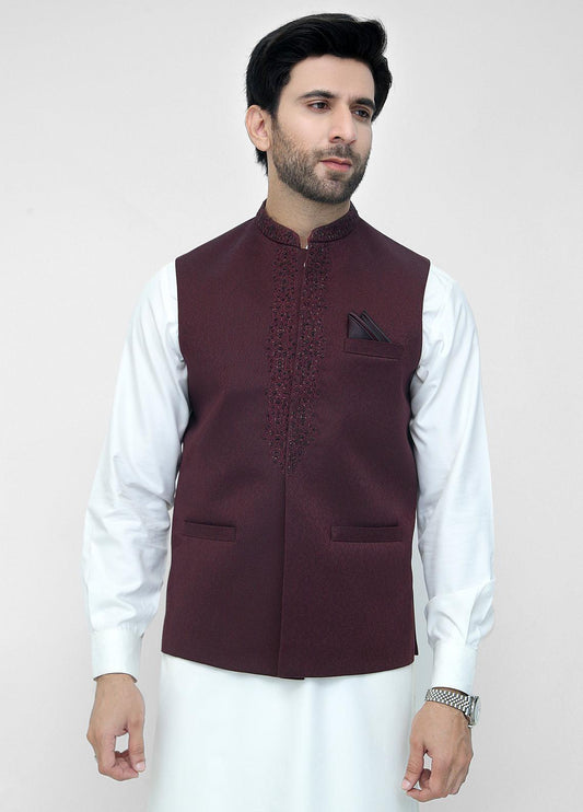 Hand Embroidery Maroon Waist Coat