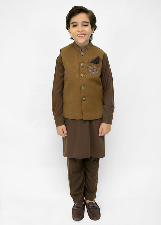 Kids Hand Embroidered Waistcoat Suit in Brown