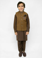 Kids Hand Embroidered Waistcoat Suit In Brown