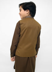 Kids Hand Embroidered Waistcoat Suit In Brown