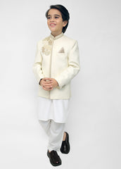 Kids Off White Shalwar Kameez With Cream Emb Prince Coat