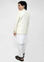 Kids Off White Shalwar Kameez With Cream Emb Prince Coat