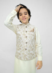 Kids Embroidered Waistcoat Suit Off-White & Golden