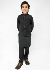 Kids Black Shalwar Kameez With Black Emb Waistcoat
