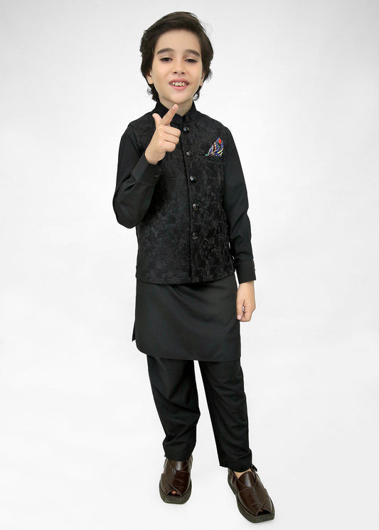 Kids Black Shalwar Kameez With Black Embroidered Waistcoat