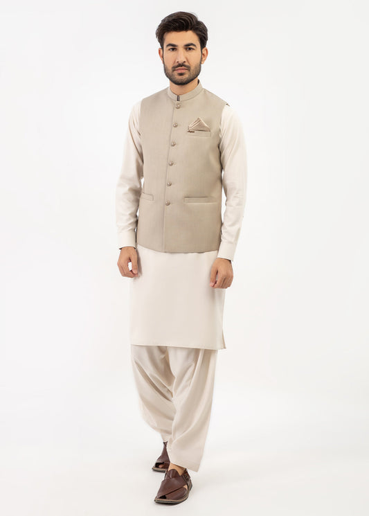 Men Shalwar Kameez With Waistcoat Light Fawn