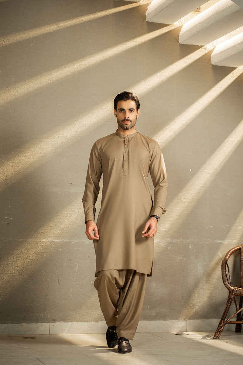 Beige Embroidered Kameez Shalwar C-10216