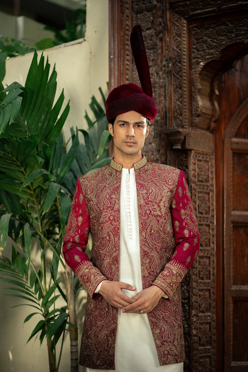 Maroon Embroidred Front Open Sherwani GS-5157