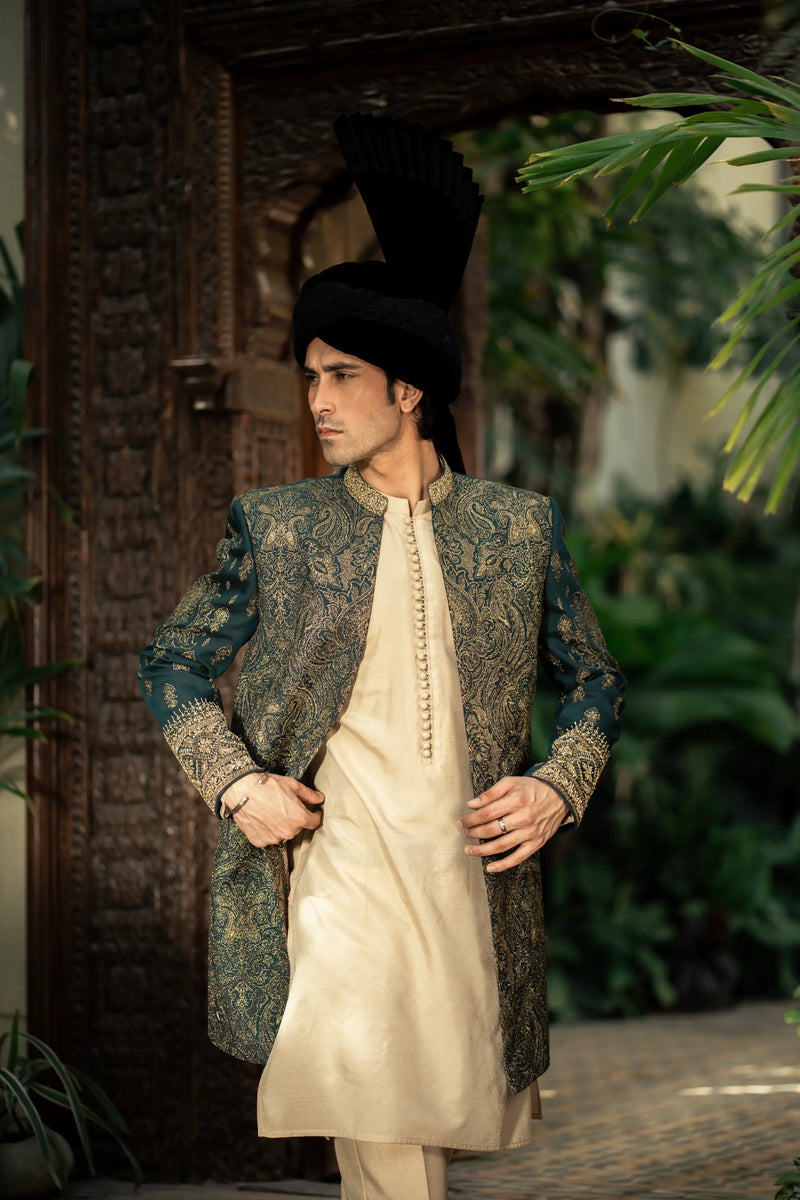Emerald Green Embroidered Front Open Sherwani GS-5156