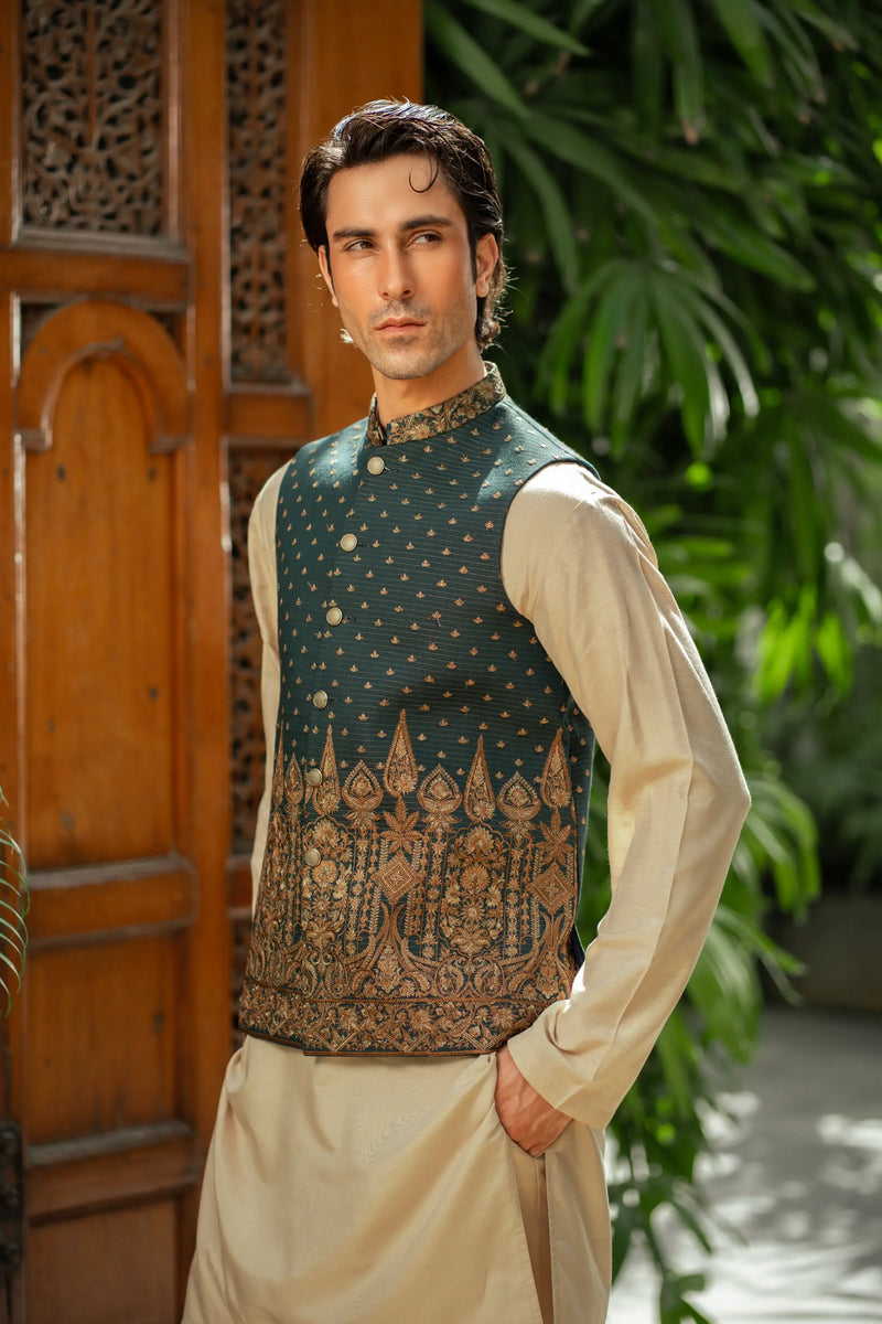 Deep Green Embroidered Waistcoat W-2953