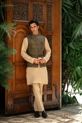 Olive Green Embroidered Waistcoat W-2885