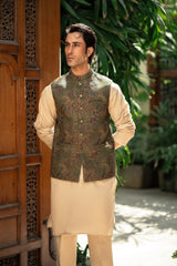 Olive Green Embroidered Waistcoat W-2885
