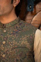 Olive Green Embroidered Waistcoat W-2885
