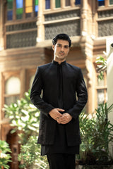 Black Embroidered Front Open Sherwani GS-5150