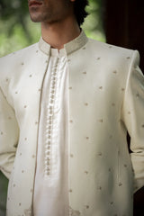 White and Gold Embroidered Front Open Sherwani PC-5150