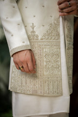 White and Gold Embroidered Front Open Sherwani PC-5150