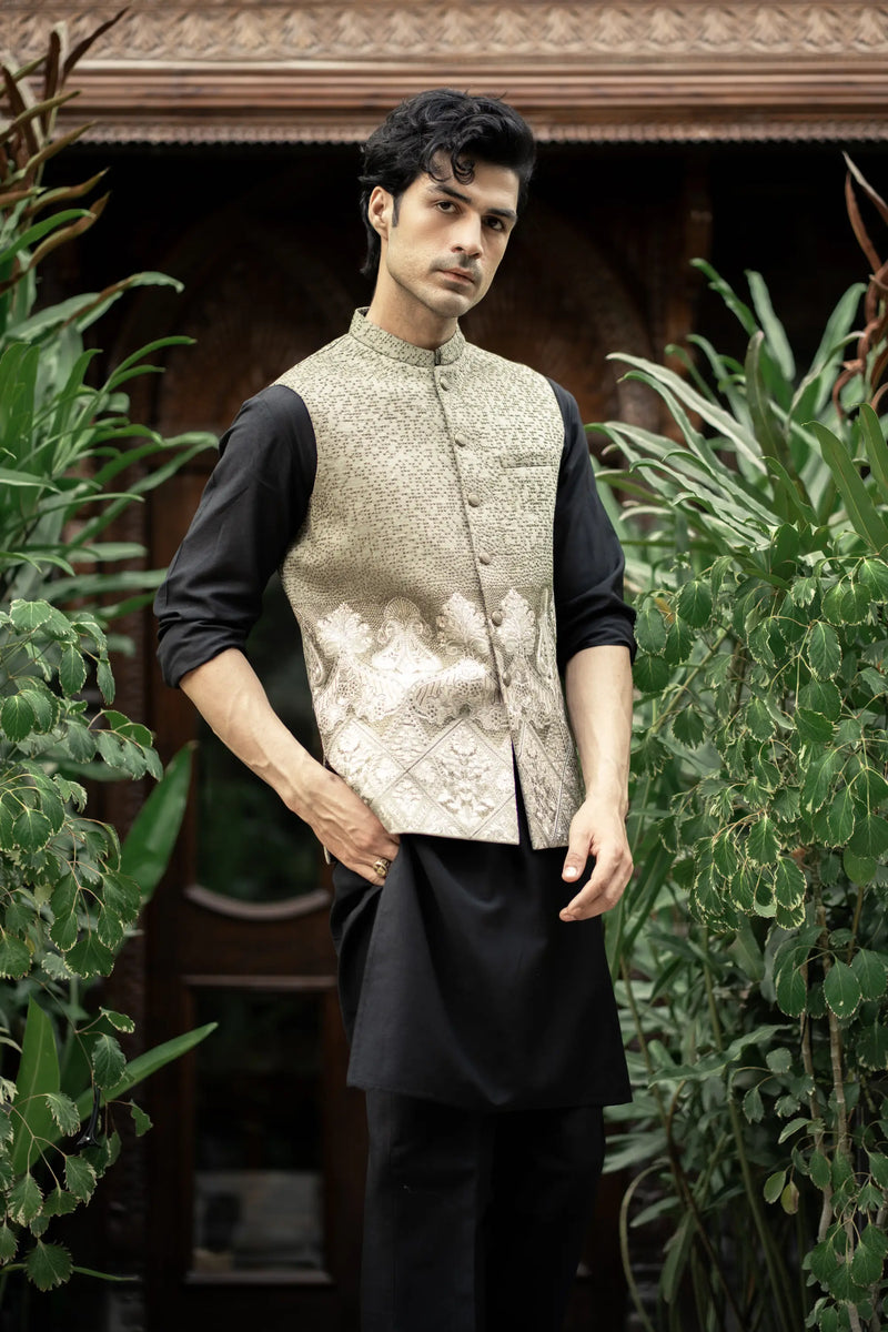 Stone Gray Embroidered Waistcoat W-2867