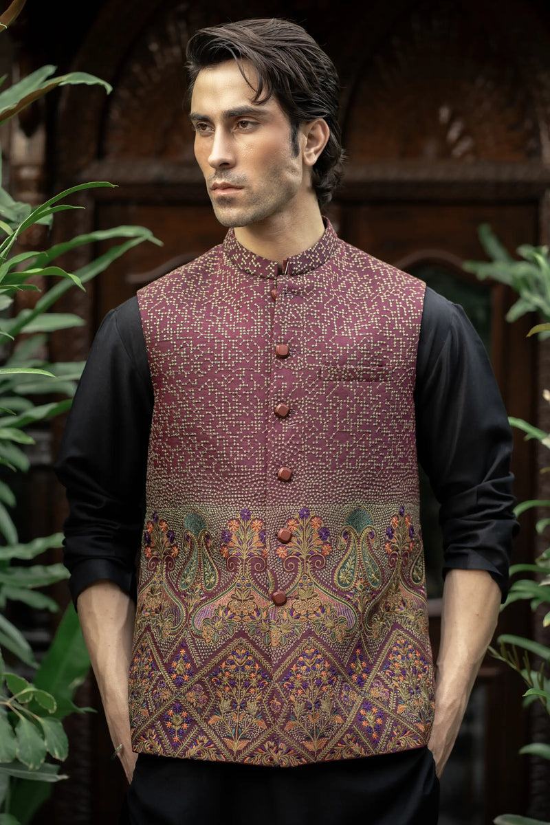 Maroon Embroidered Waistcoat W-2867-1