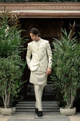 Man in a traditional white sherwani standing between potted plants.
