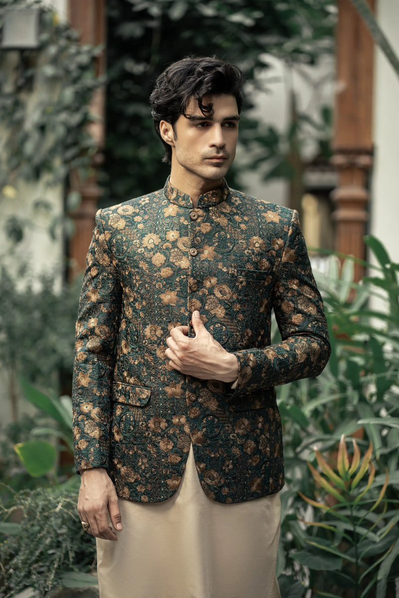 Bottle Green Embroidered Prince Coat PC-586