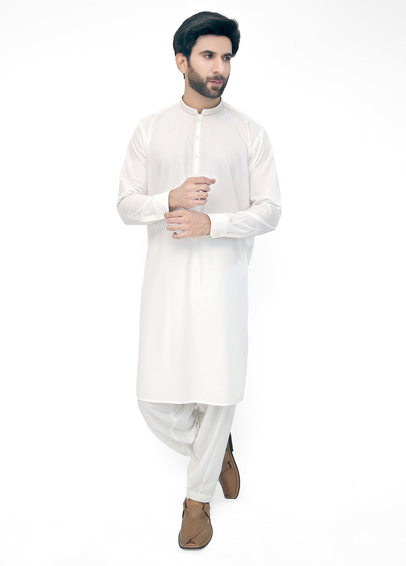 Embroidered White Kameez Shalwar For Men's
