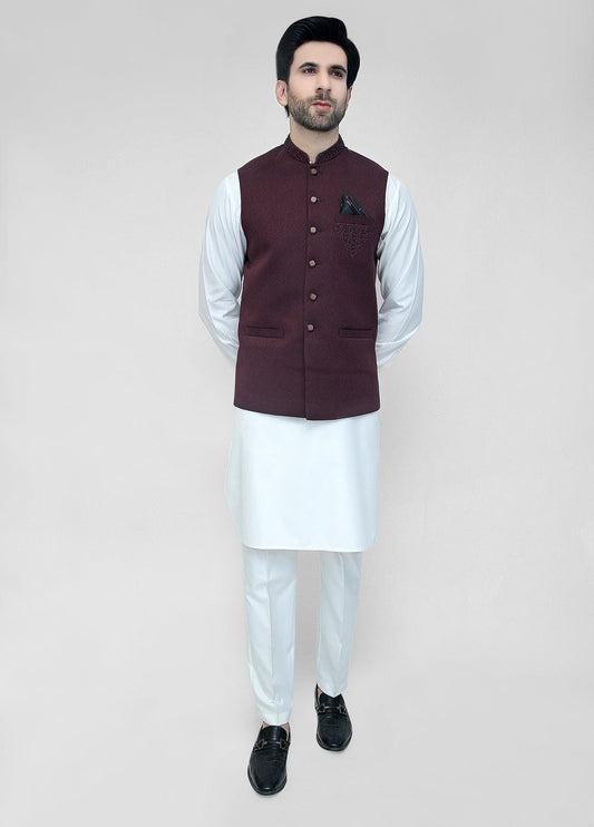 Hand Embroidery Maroon Waistcoat For Men's