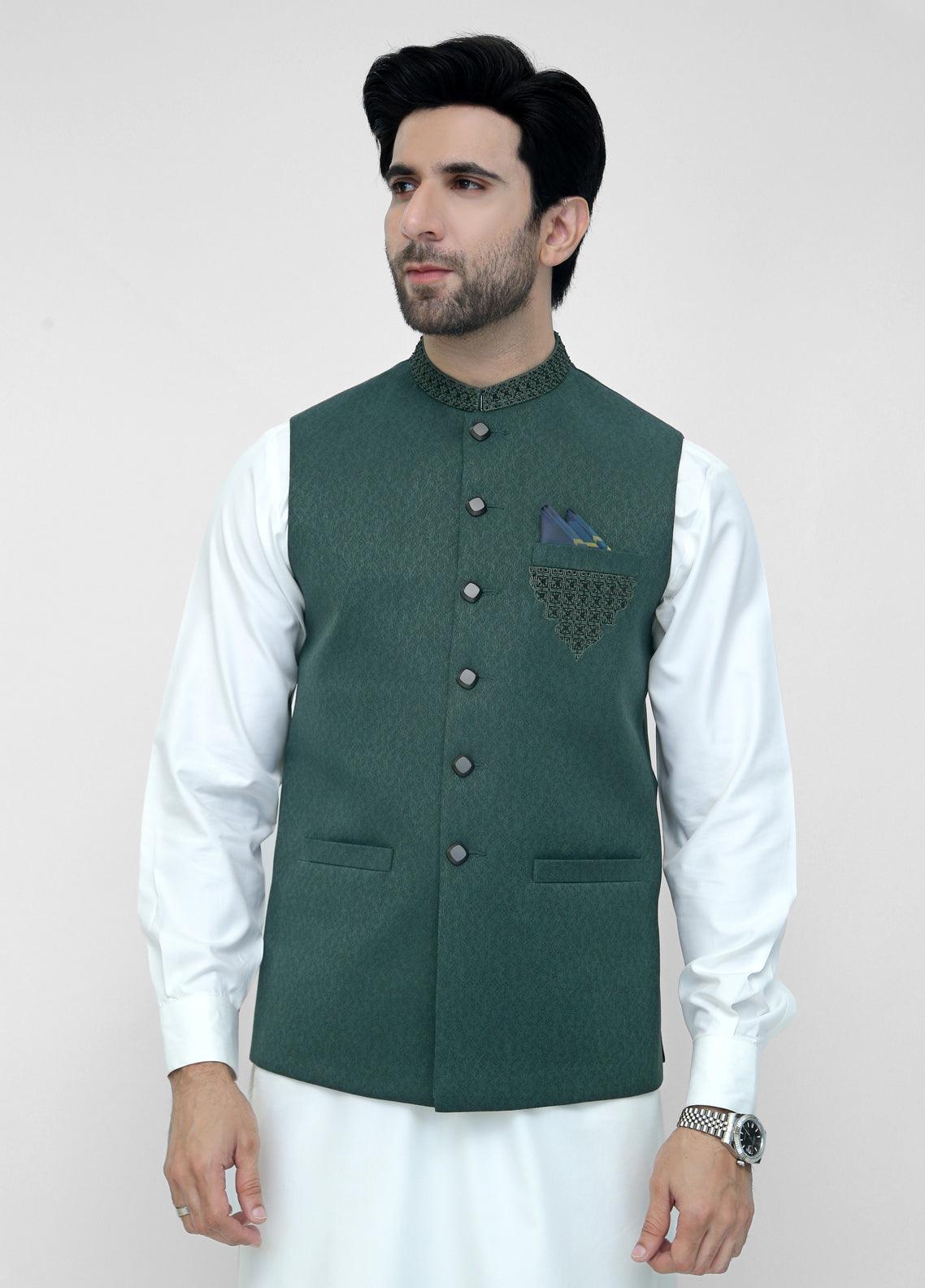 D Green Hand Embroidery Waistcoat