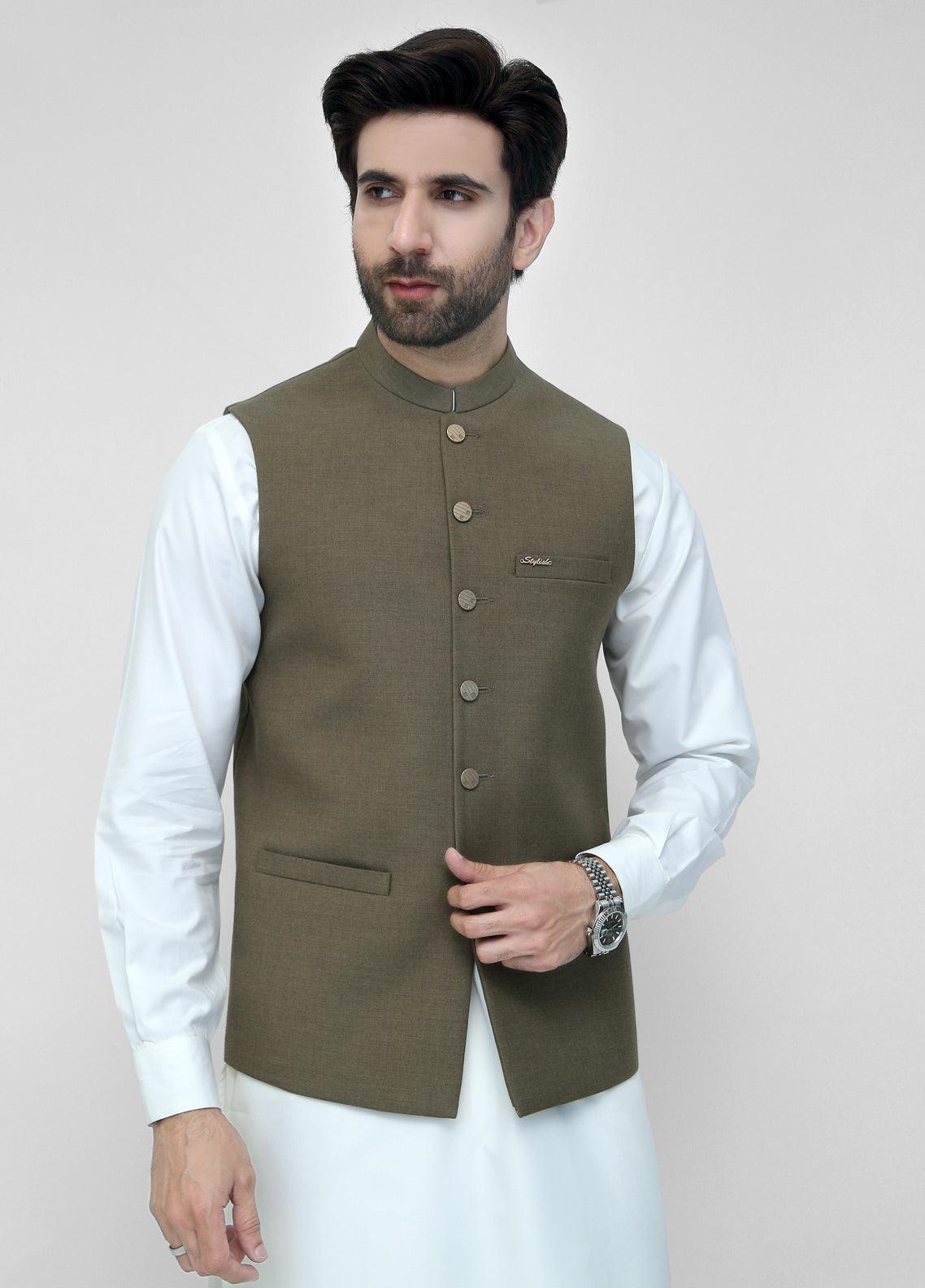 Mehndi Plain Suiting Waistcoat