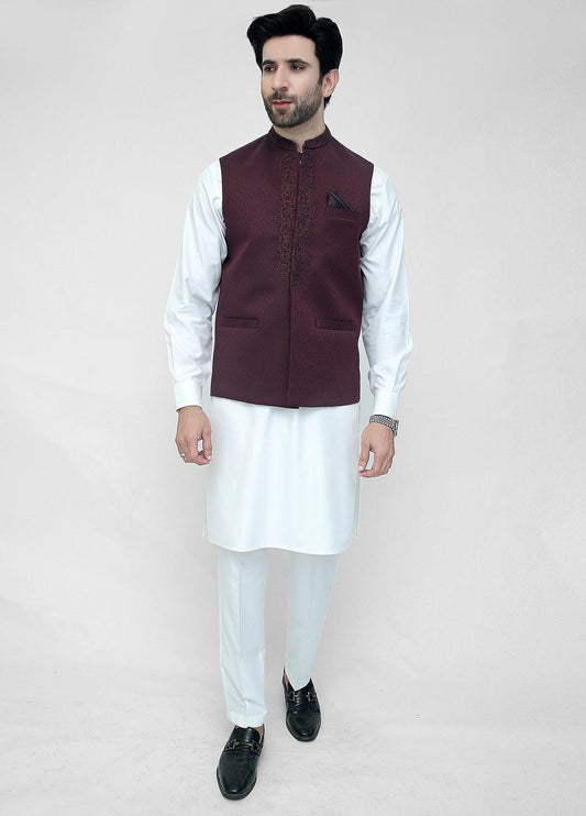 Hand Embroidery Maroon Waist Coat