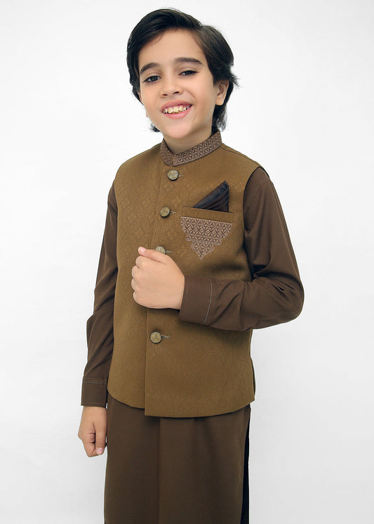 Kids Hand Embroidered Waistcoat Suit in Brown
