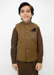 Kids Hand Embroidered Waistcoat Suit in Brown