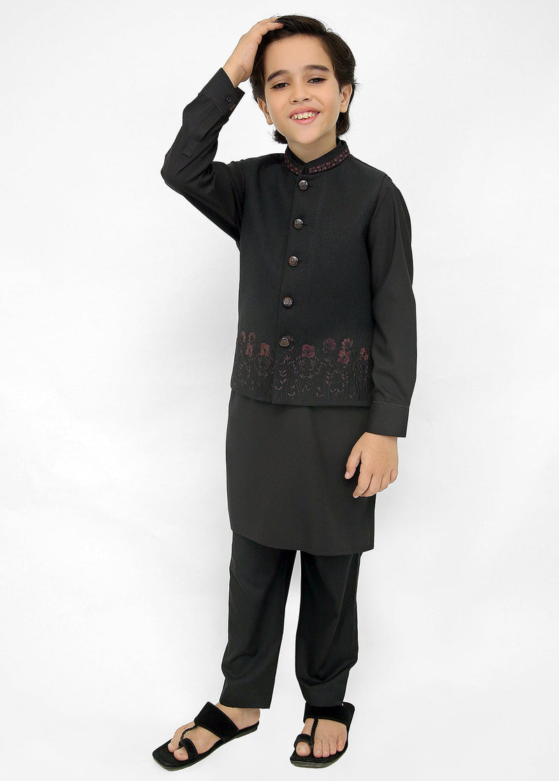 Kids Black Shalwar Kameez With Black Multi Emb Waistcoat