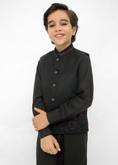 Kids Black Shalwar Kameez With Black Multi EMB Waistcoat