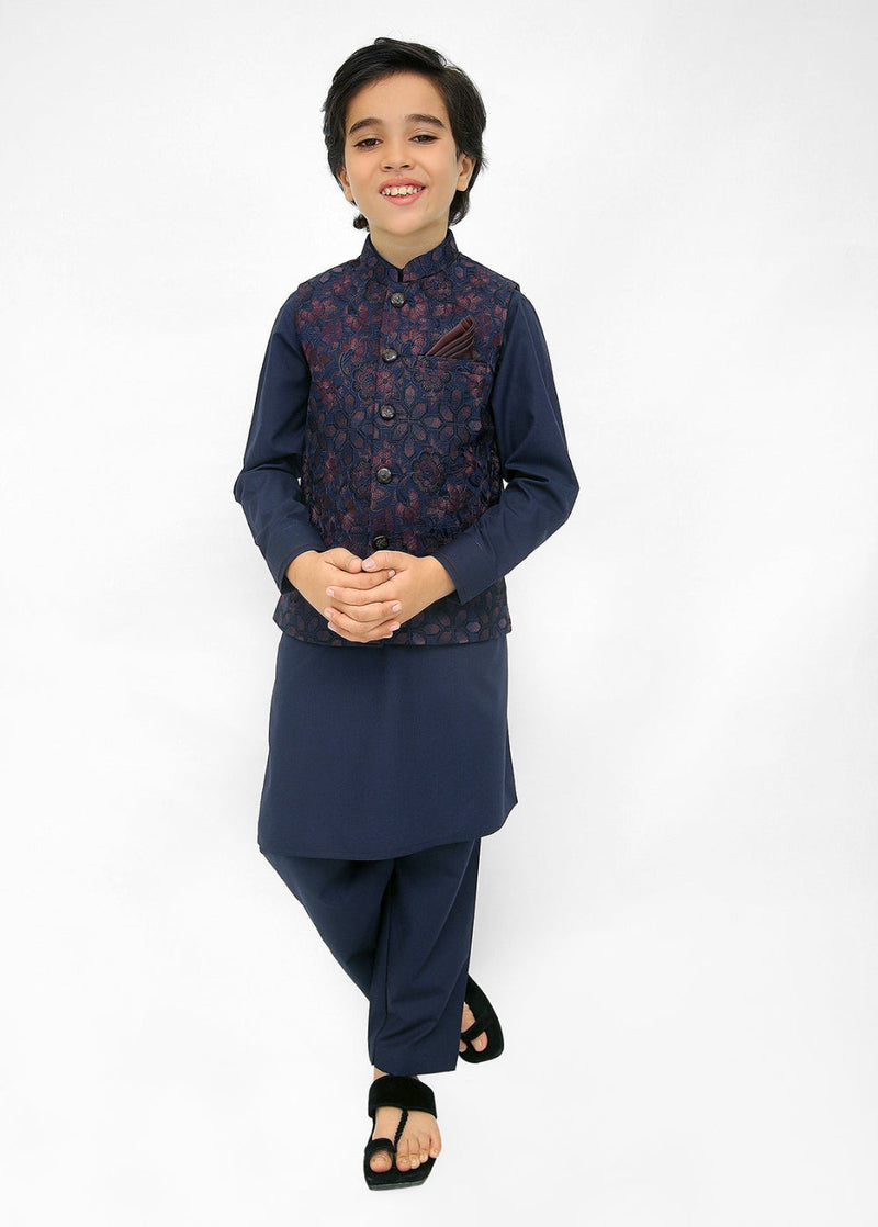Kids Navy Shalwar Kameez With Navy Blue Waistcoat