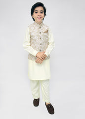 Kids Embroidered Waistcoat Suit Off-White & Golden