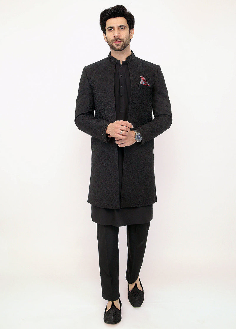 Black Front Open Sherwani