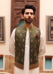Mehndi Green Men Waistcoat