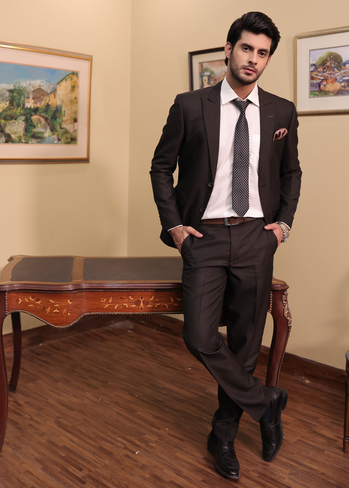 Men 2 Pcs Coat Pant - D-Black