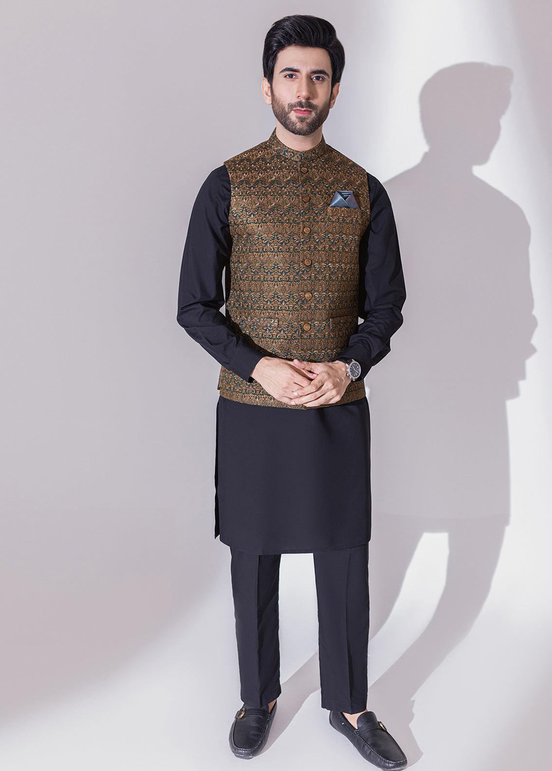 Black Brown Full Embroidered Waistcoat
