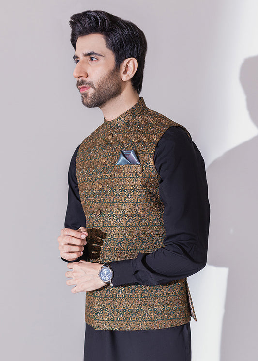 Black Brown Full Embroidered Waistcoat