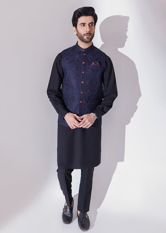 Navy Blue Full Embroidered Waistcoat
