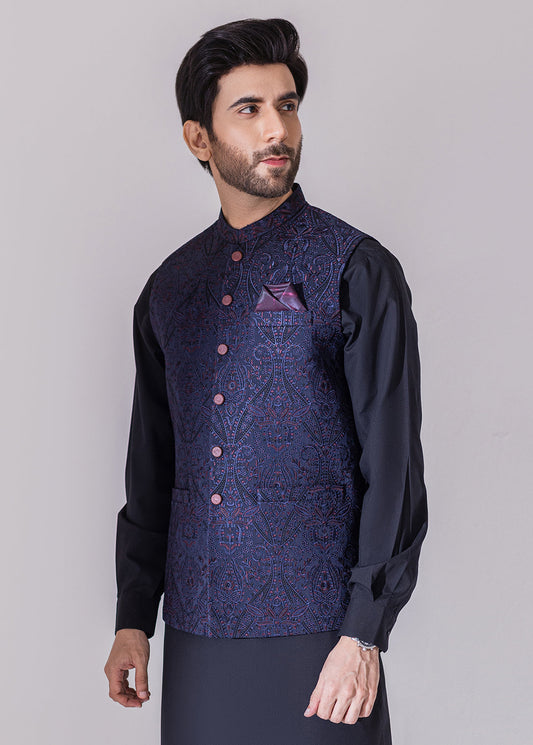 Navy Blue Full Embroidered Waistcoat