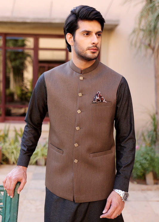Dark Brown Plain Men Waistcoat